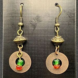 Handmade Aged Copper Washer with Glass Bead & Brass Tone Earrings by Neanie-Bot